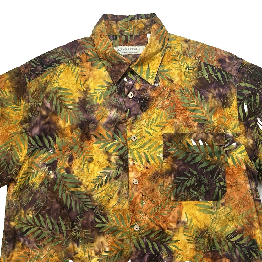 Island Republic Hawaiian Shirt‎ Mens L Gold Green Bamboo Leaves Sunset Oversized